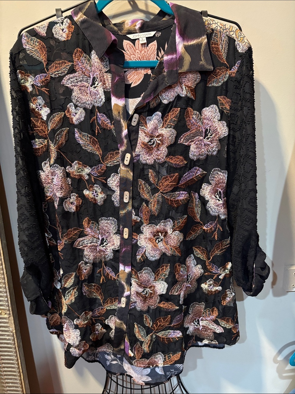 John Mark Black Floral Embroidered Button-Up Blouse